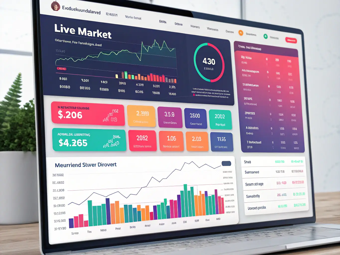 An image of a digital dashboard displaying real-time DeFi investment metrics with blockchain icons and growth charts.