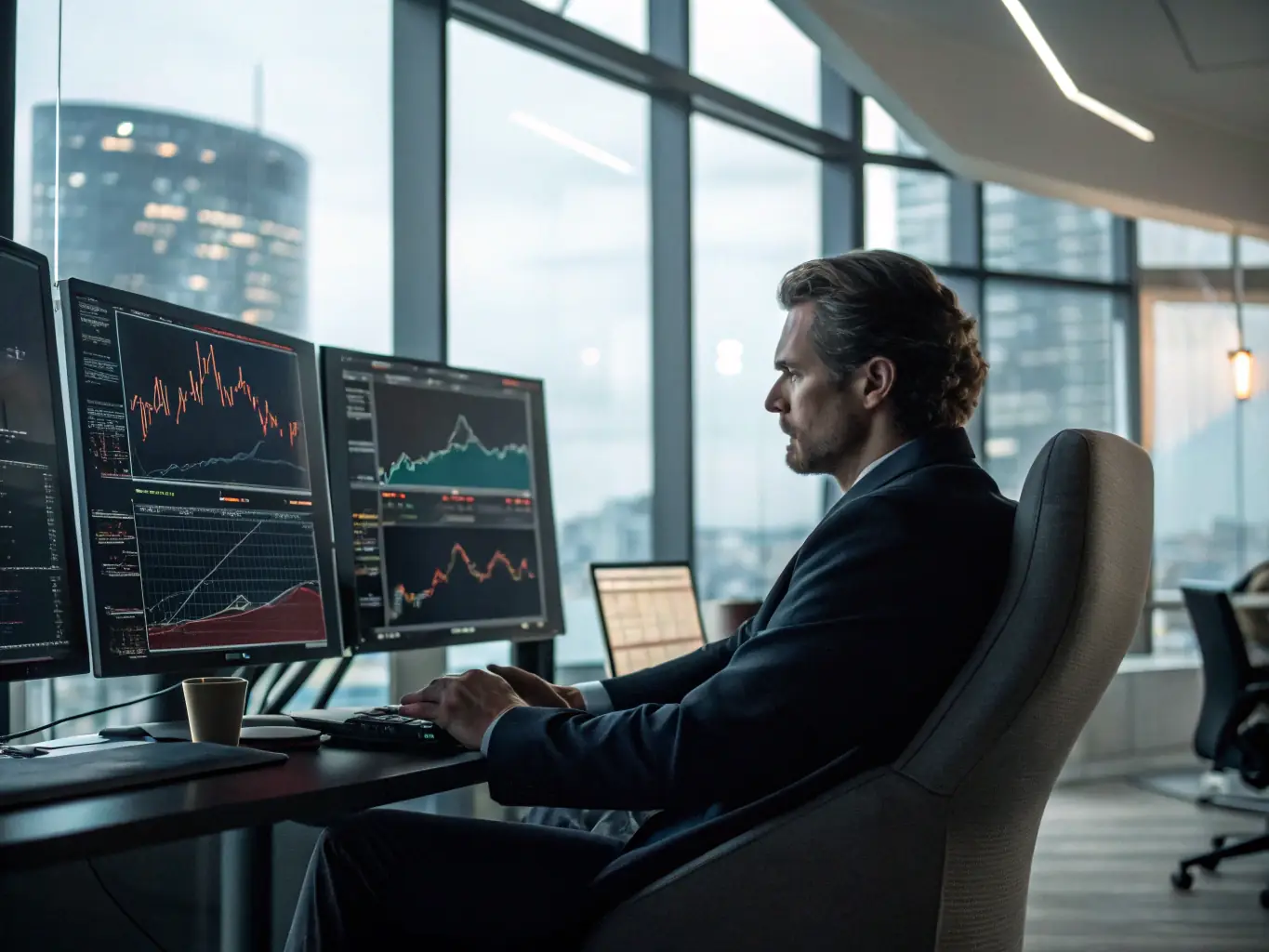A professional investor analyzing market data on a computer screen, with charts and graphs indicating potential investment opportunities.